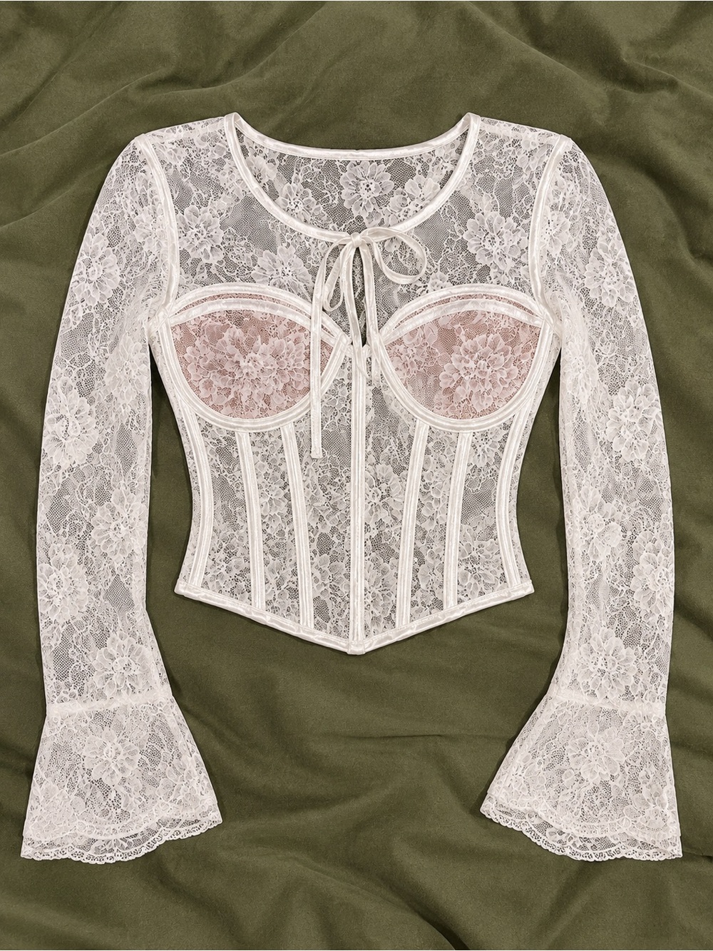 SHEIN White Sheer Lace Long-Sleeve Corset Top with Pink Bust